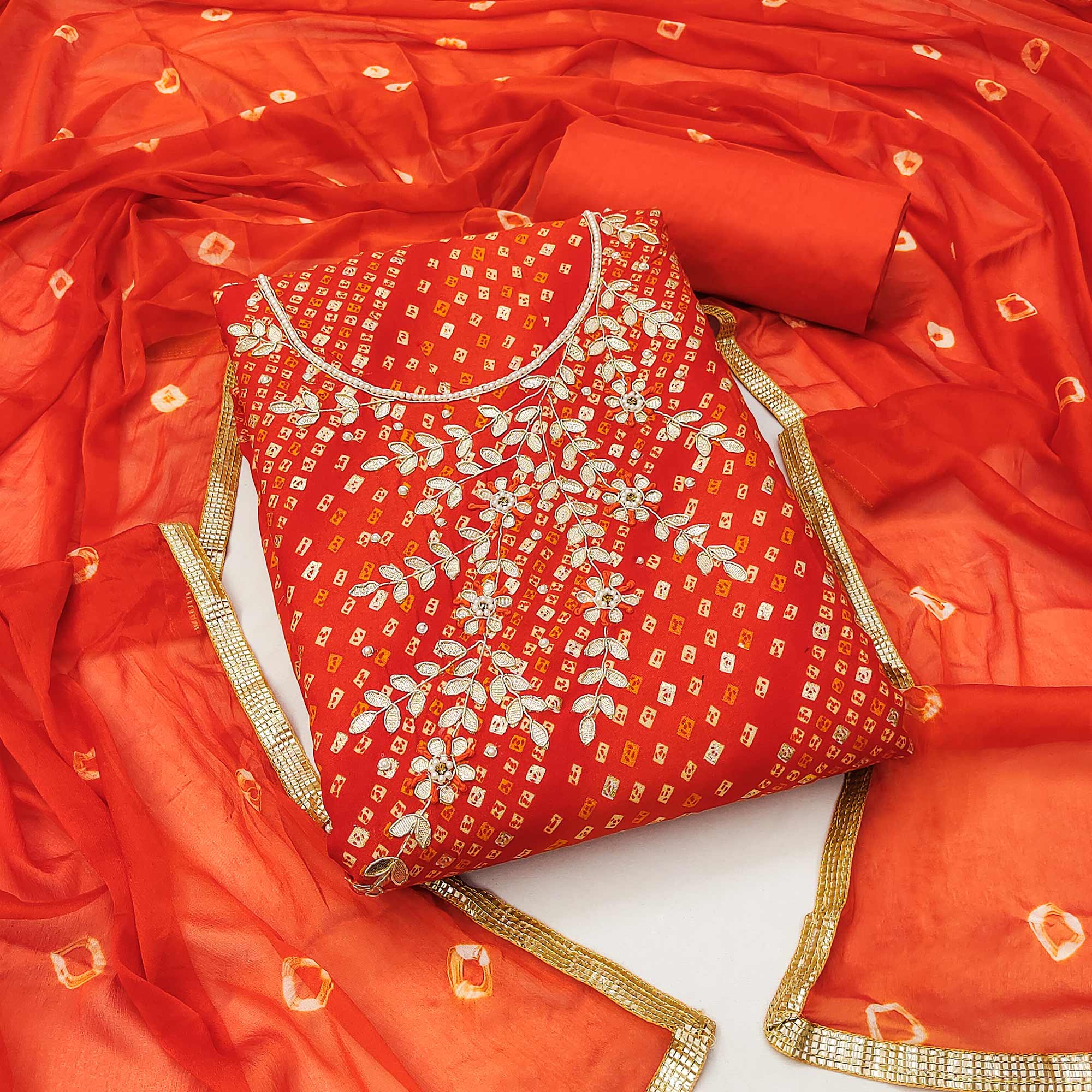 Orange Bandhani Printed With Handwork Pure Cotton Dress Material