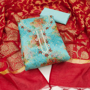 Blue Floral Digital Printed With Handwork Organza Dress Material