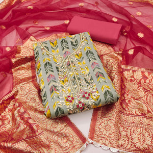 Grey Digital Printed With Handwork Pure Cotton Dress Material