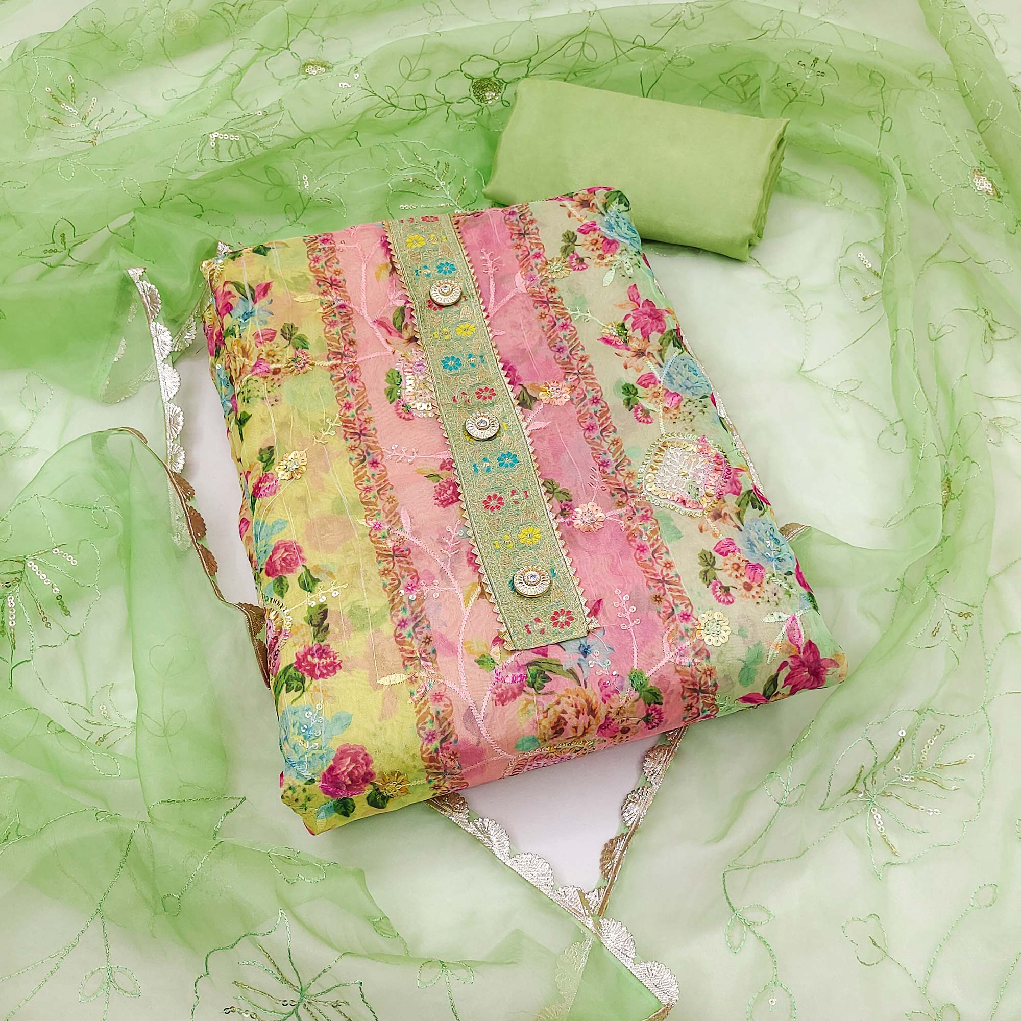 Green Floral Embroidered With Printed Organza Dress Material