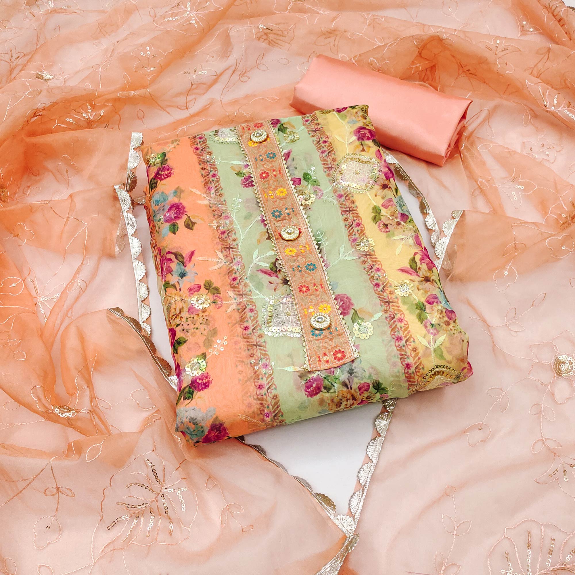 Peach Floral Embroidered With Printed Organza Dress Material