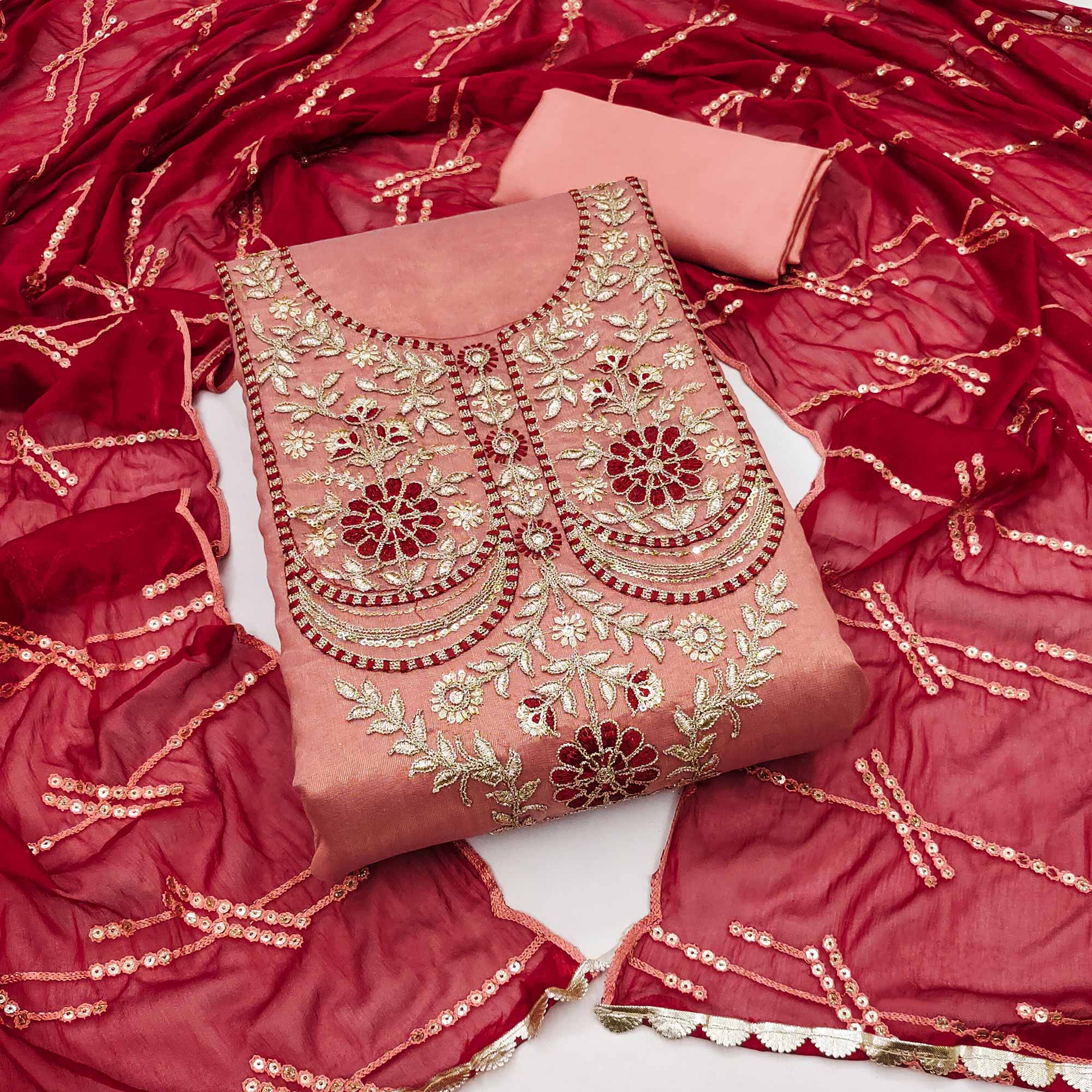 Dark Peach Embroidered Viscose Dress Material