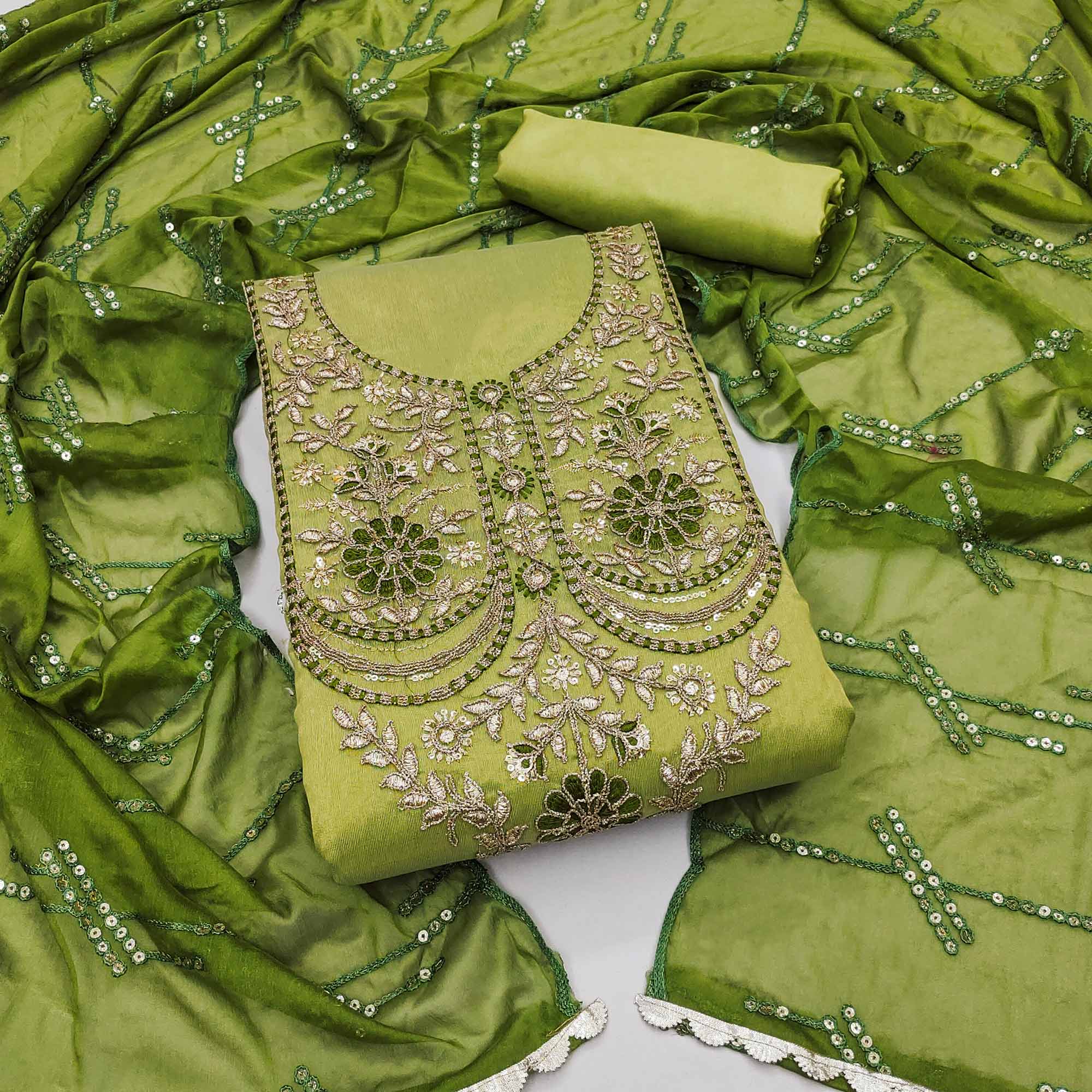 Green Embroidered Viscose Dress Material