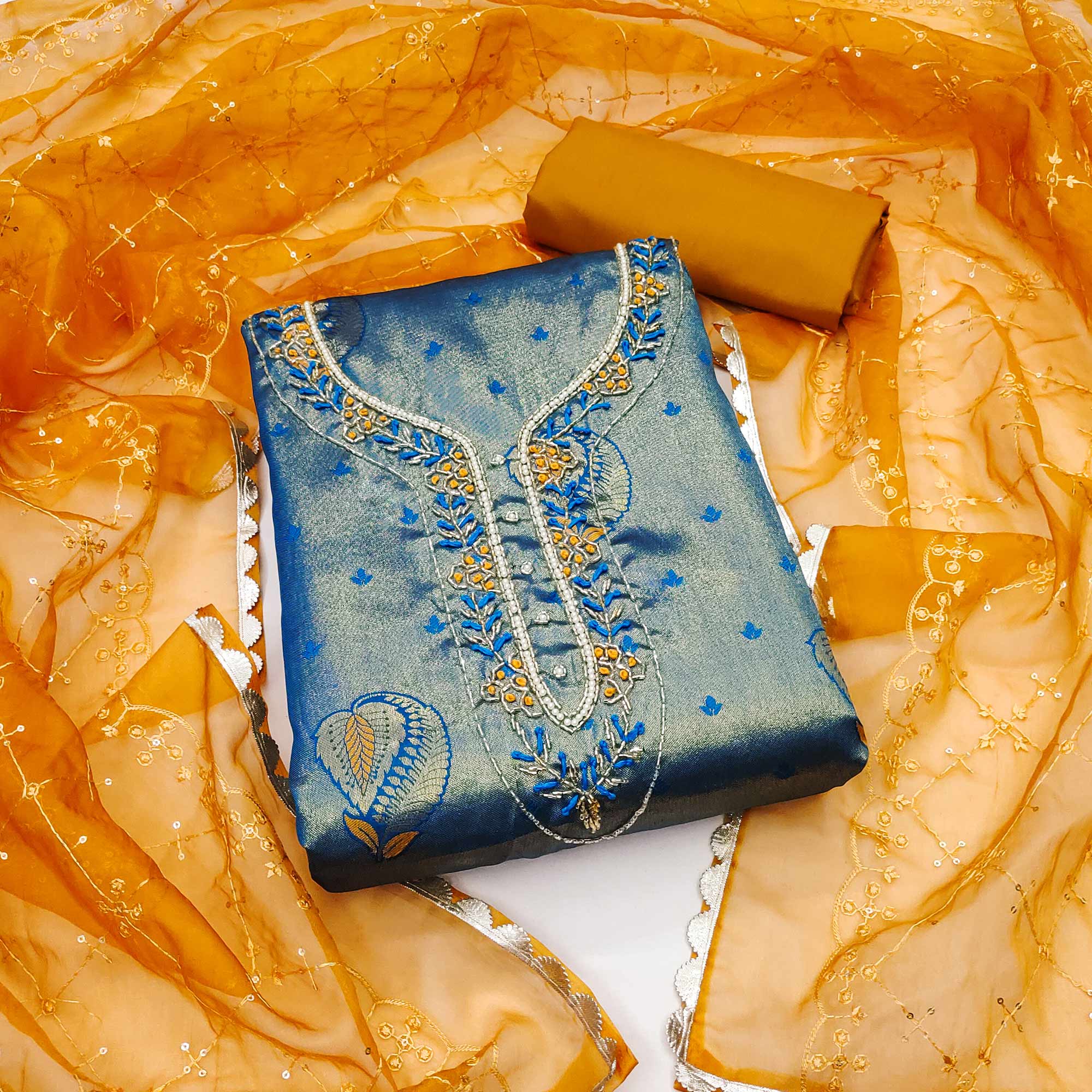 Blue Woven Banarasi Silk Dress Material