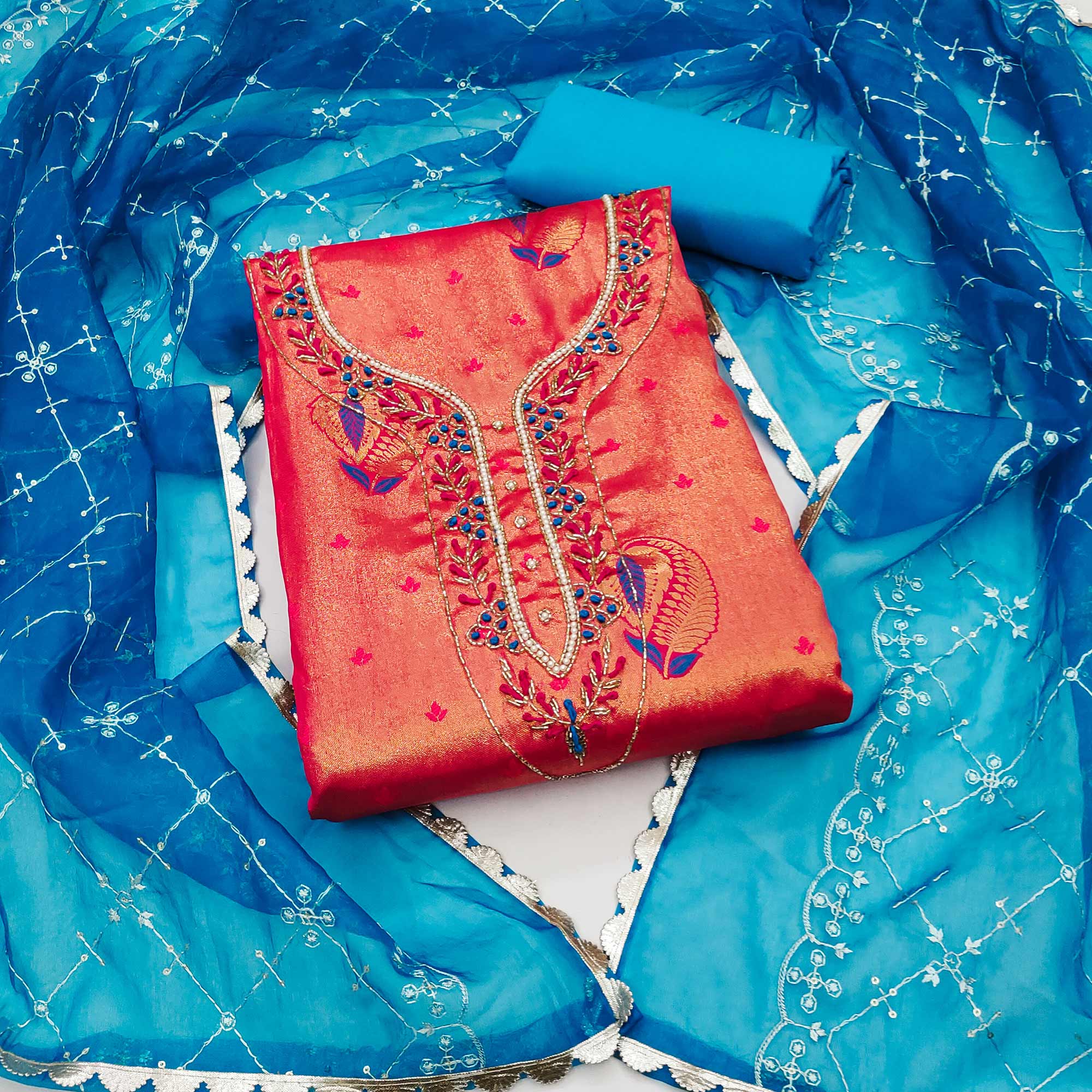 Gajri Pink Woven Banarasi Silk Dress Material