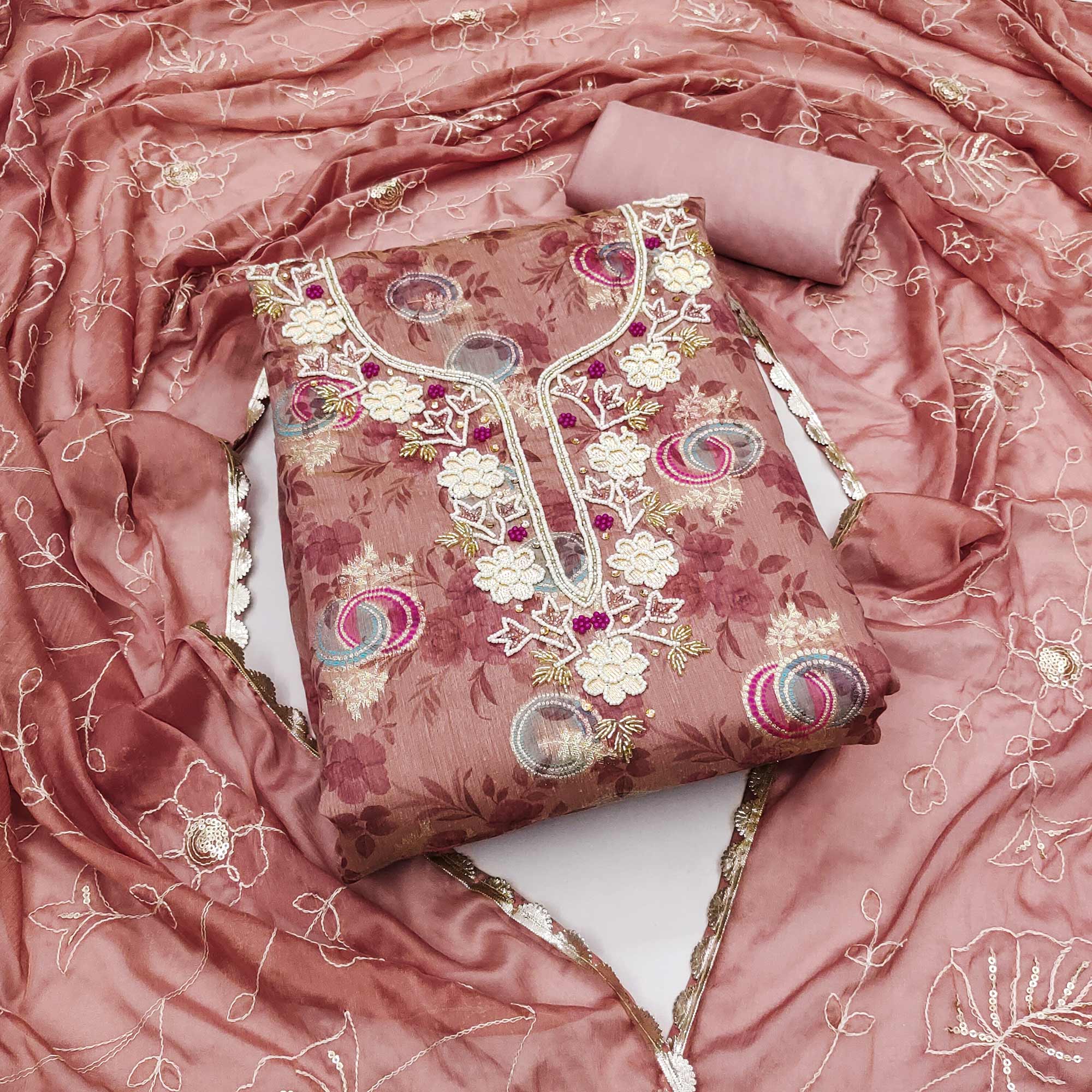 Mauve Woven Chanderi Silk Dress Material