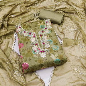 Mehandi Green Woven Chanderi Silk Dress Material