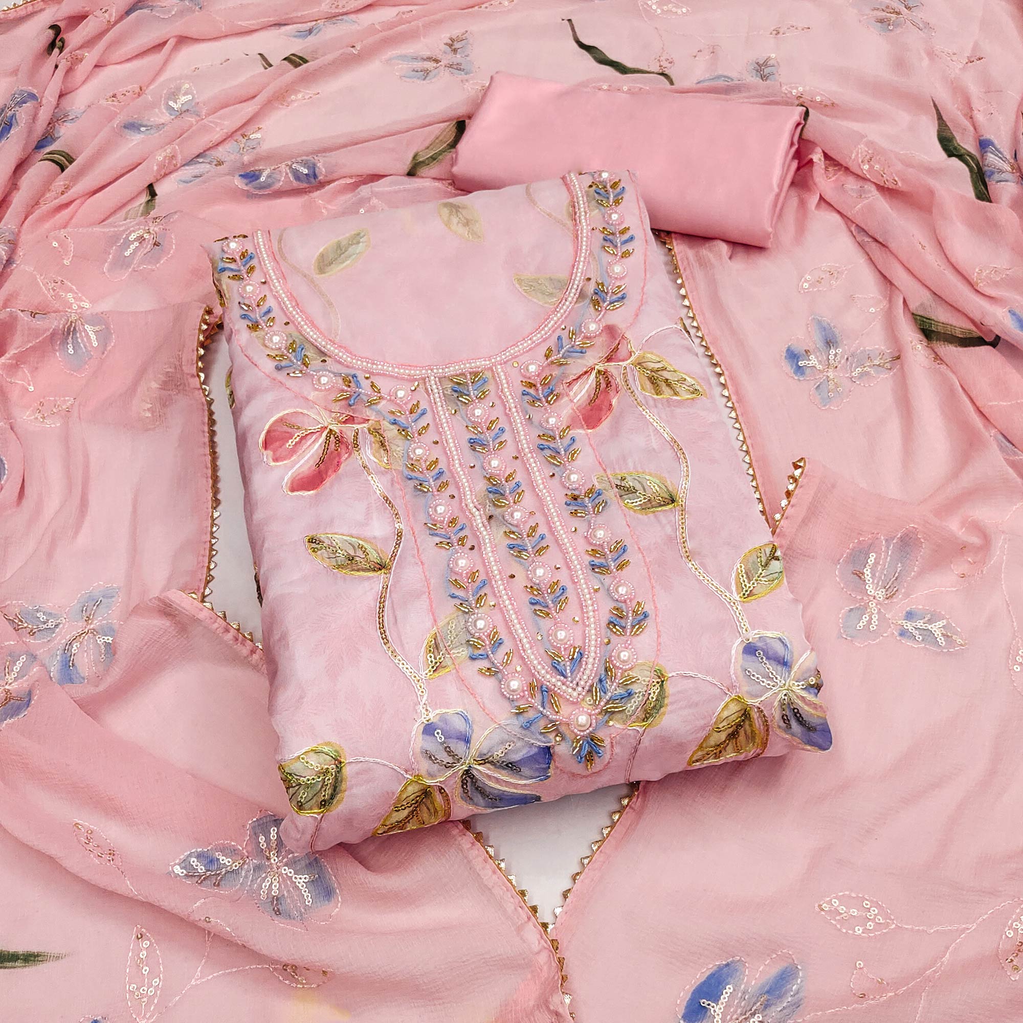 Pink Floral Printed Organza Dress Material