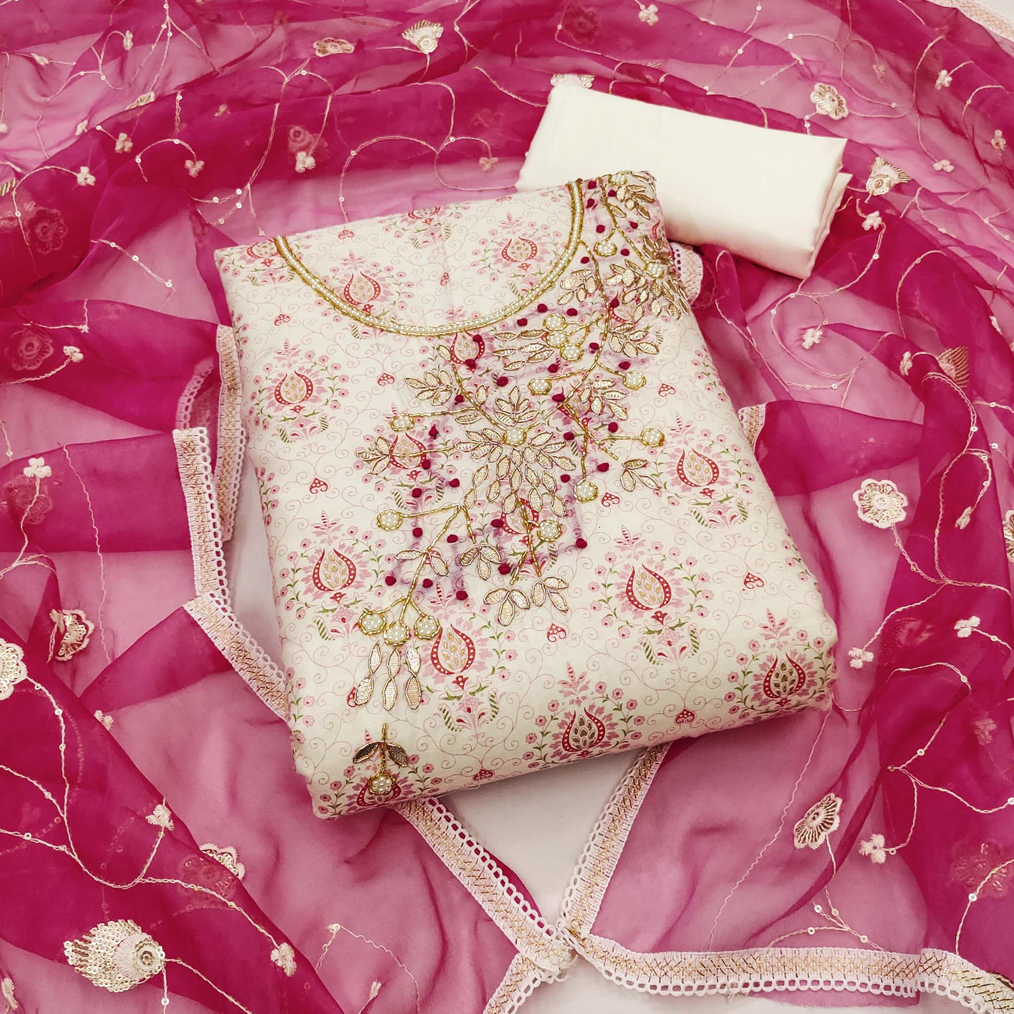 Off White & Pink Printed Chanderi Silk Dress Material