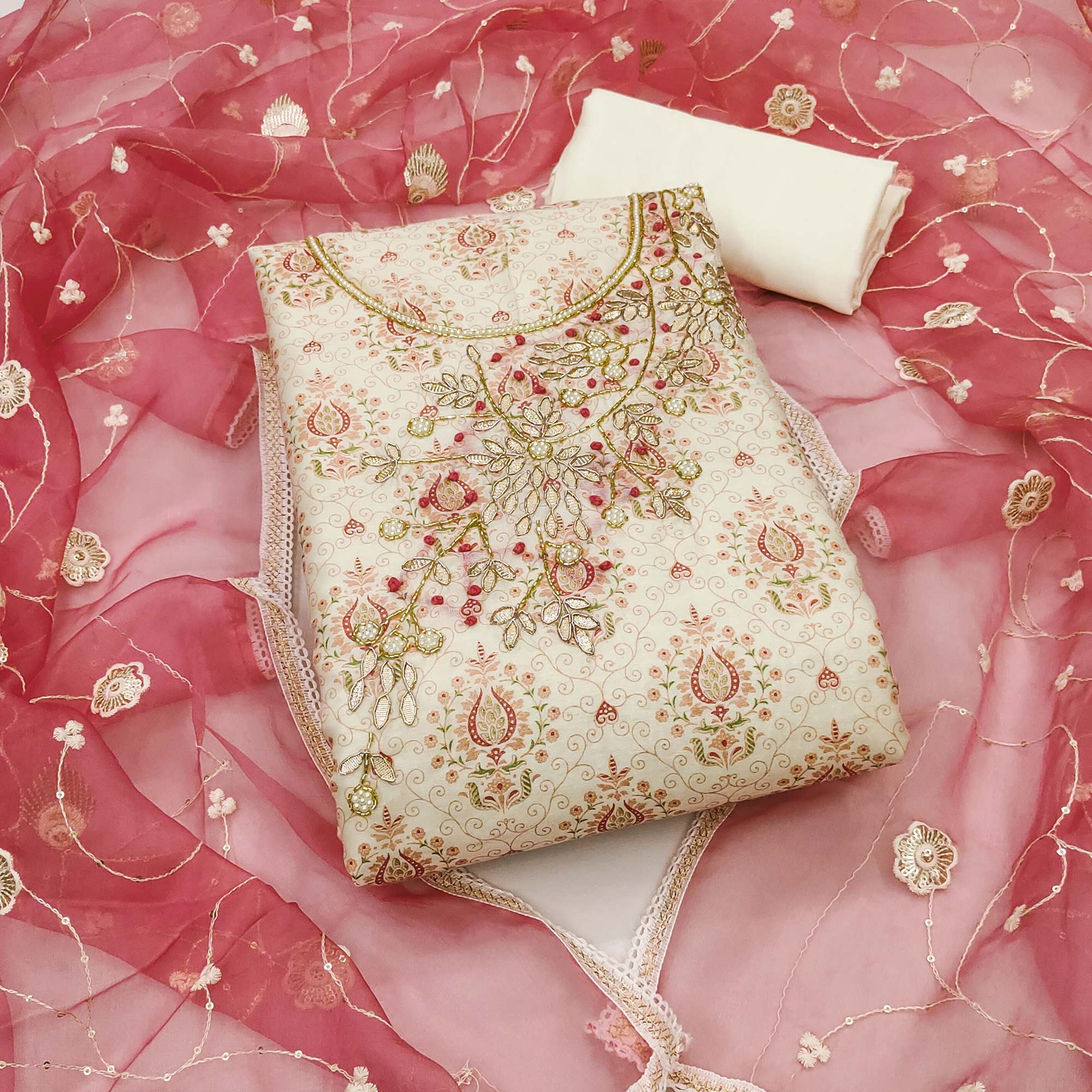 Off White & Gajri Pink Printed Chanderi Silk Dress Material