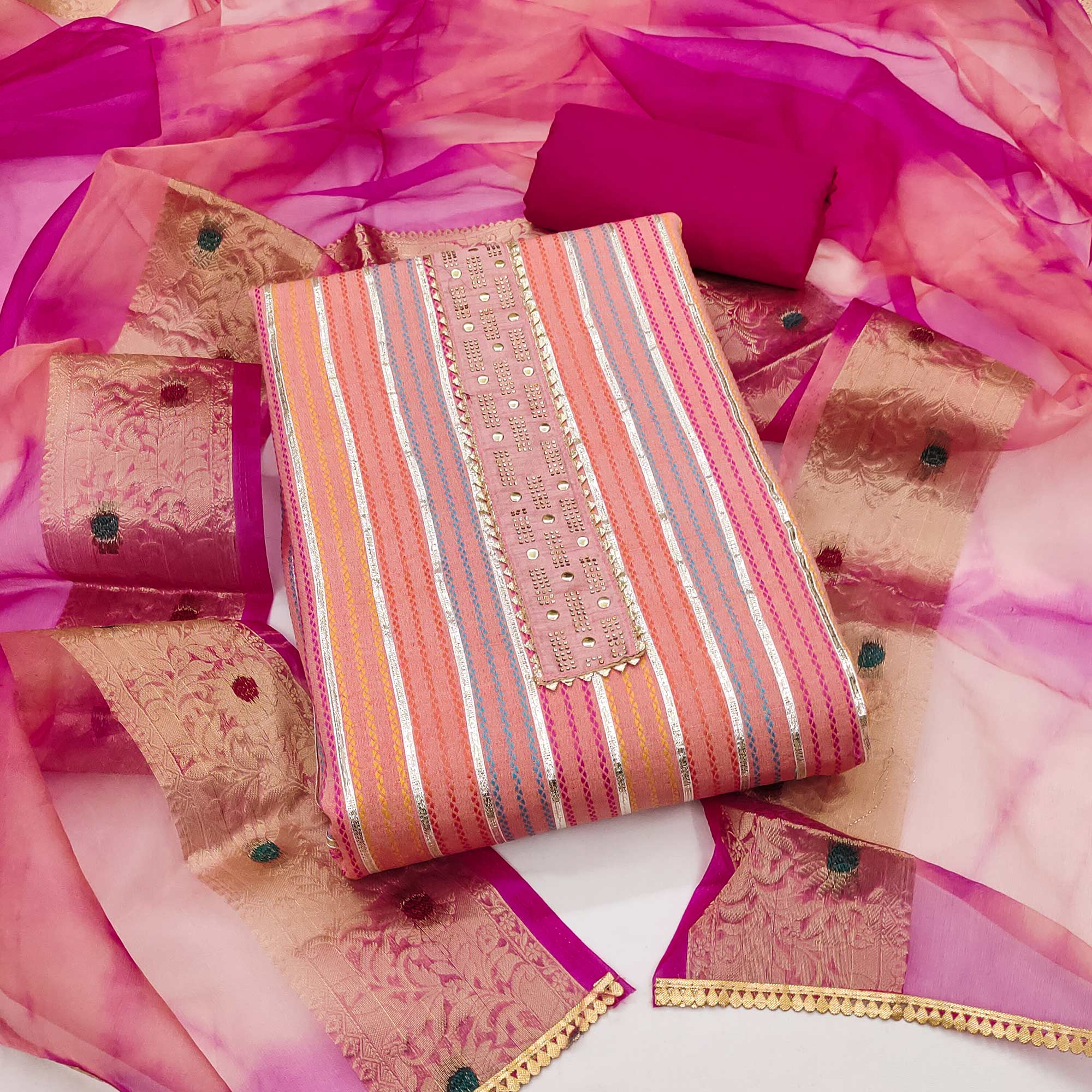 Pink Striped Woven Pure Cotton Dress Material