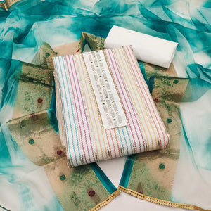 White Striped Woven Pure Cotton Dress Material