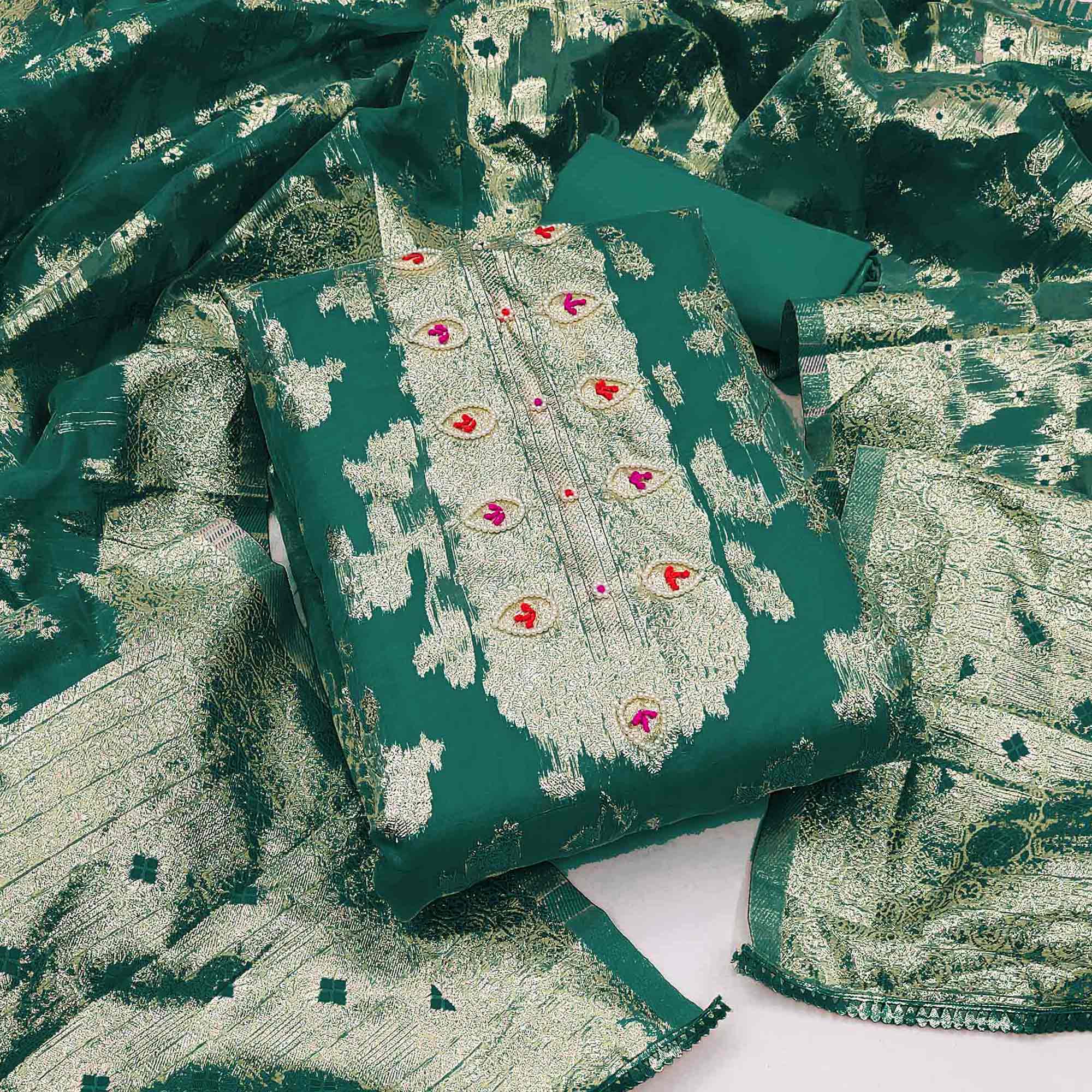 Morpich Green Woven Organza Dress Material