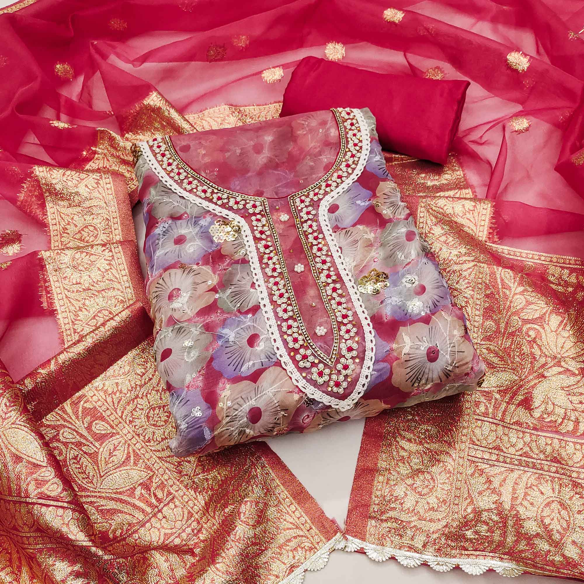 Pink Floral Printed With Embroidered Organza Dress Material