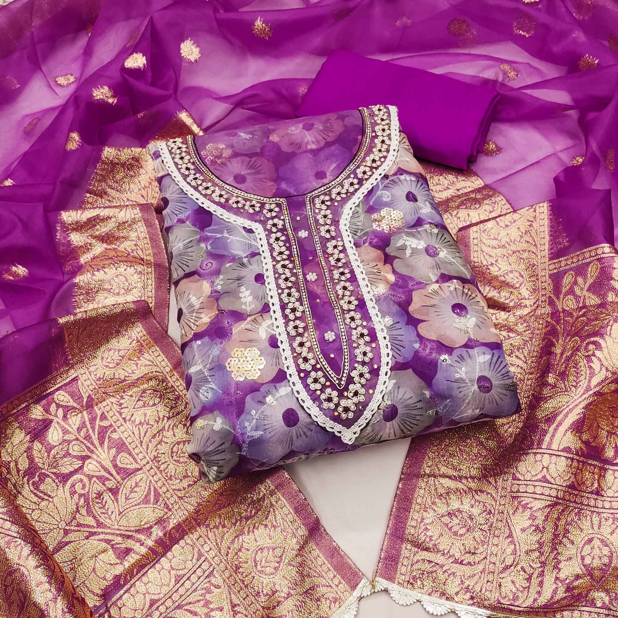 Purple Floral Printed With Embroidered Organza Dress Material