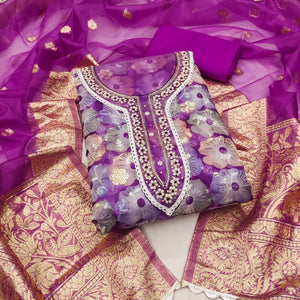 Purple Floral Printed With Embroidered Organza Dress Material