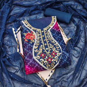 Blue & Pink Sequins Embroidered Organza Dress Material