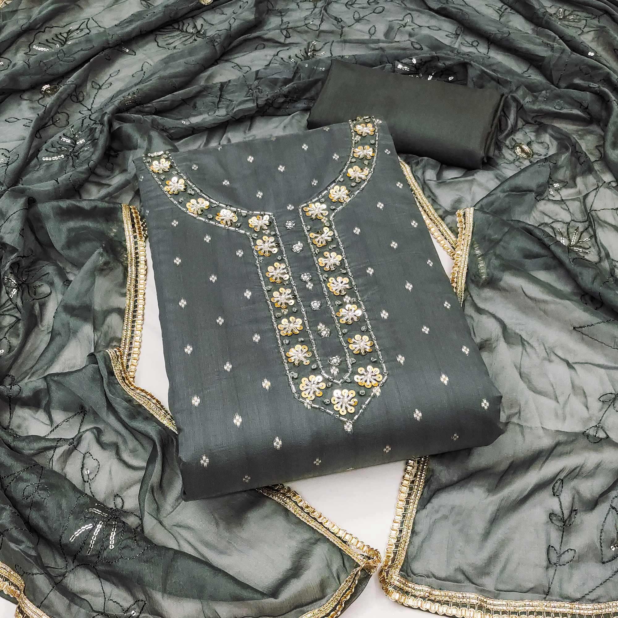 Grey Woven Chanderi Silk Dress Material