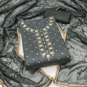 Grey Woven Chanderi Silk Dress Material