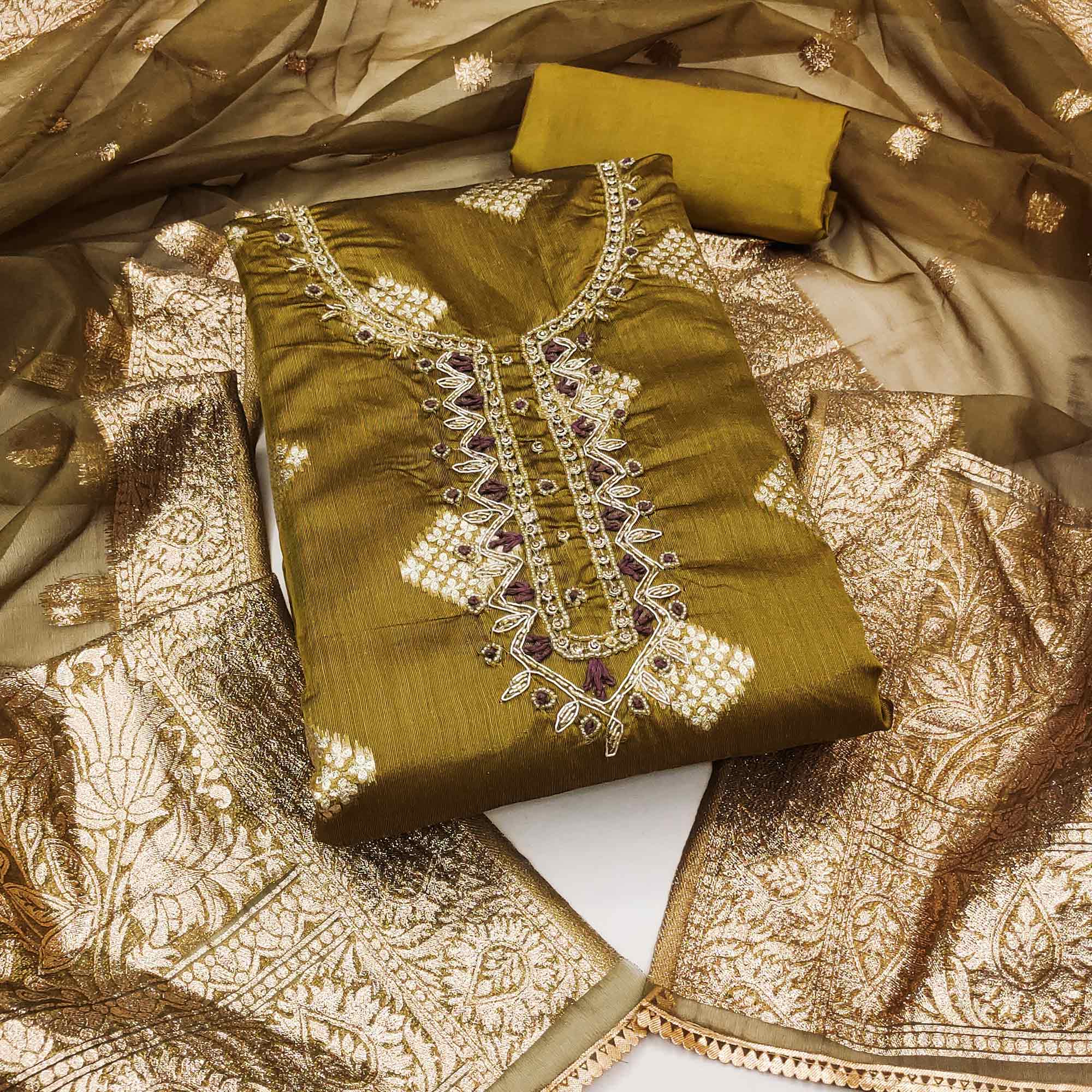 Olive Green Woven Banarasi Silk Dress Material