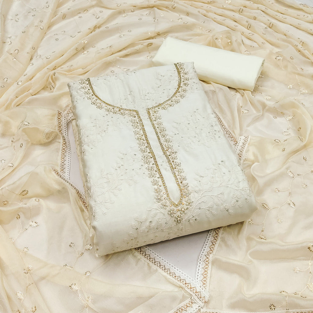 White Embroidered Cotton Dress Material With Dupatta