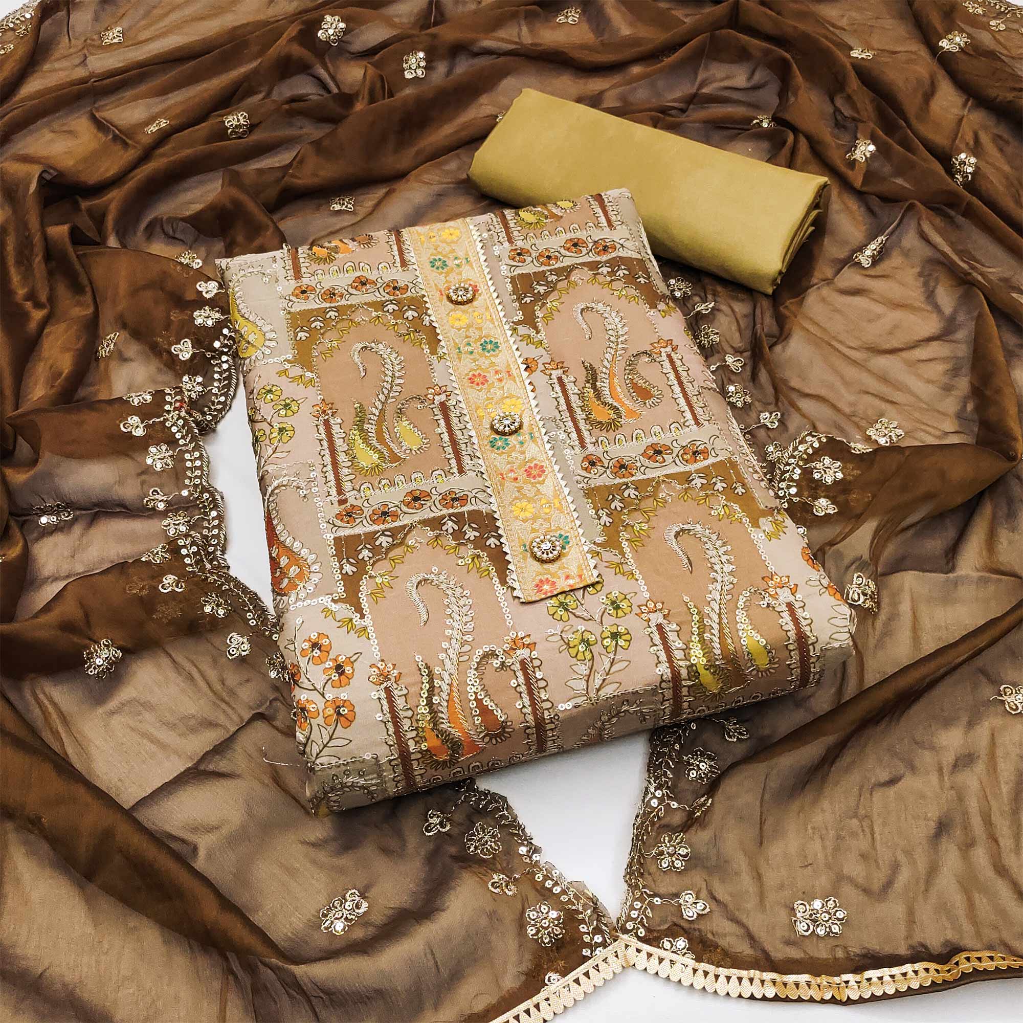 Brown Floral Embroidered With Printed Organza Dress Material