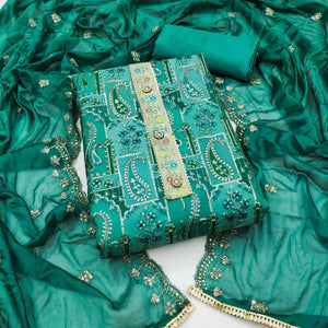 Rama Green Floral Embroidered With Printed Organza Dress Material