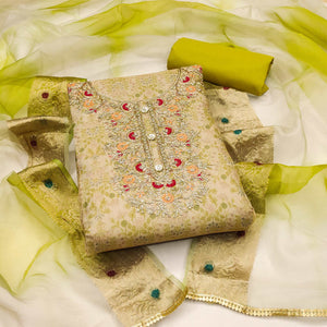 Beige & Green Floral Digital Printed With Embroidery Viscose Dress Material