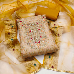 Beige & Mustard Floral Digital Printed With Embroidery Viscose Dress Material