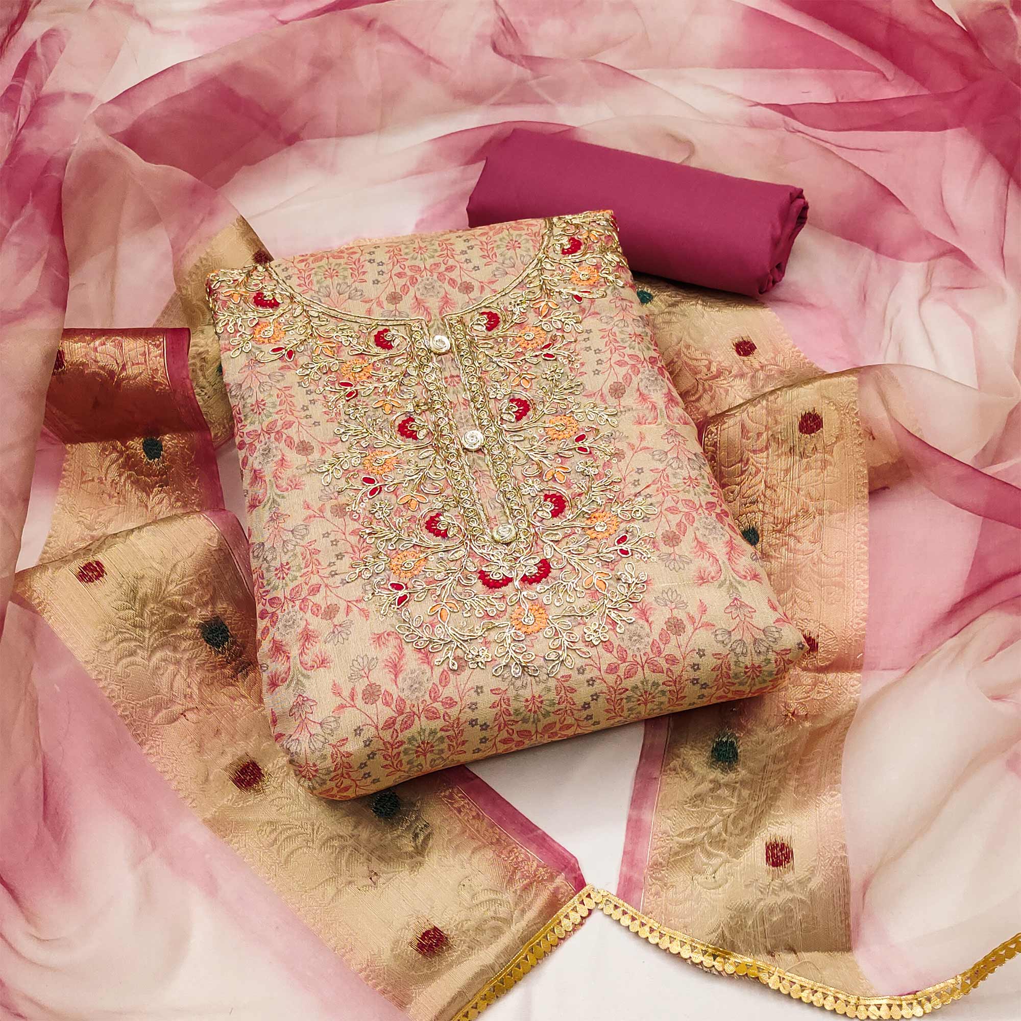 Beige & Pink Floral Digital Printed With Embroidery Viscose Dress Material