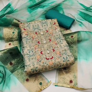 Beige & Rama Green Floral Digital Printed With Embroidery Viscose Dress Material