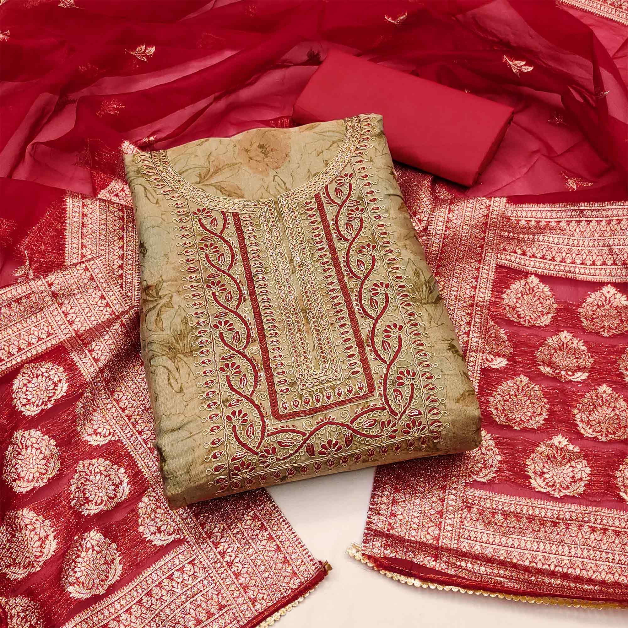 Chikoo Floral Digital Printed With Embroidery Viscose Dress Material