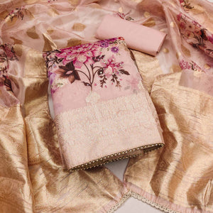 Peach Woven With Digital Printed Organza Dress Material