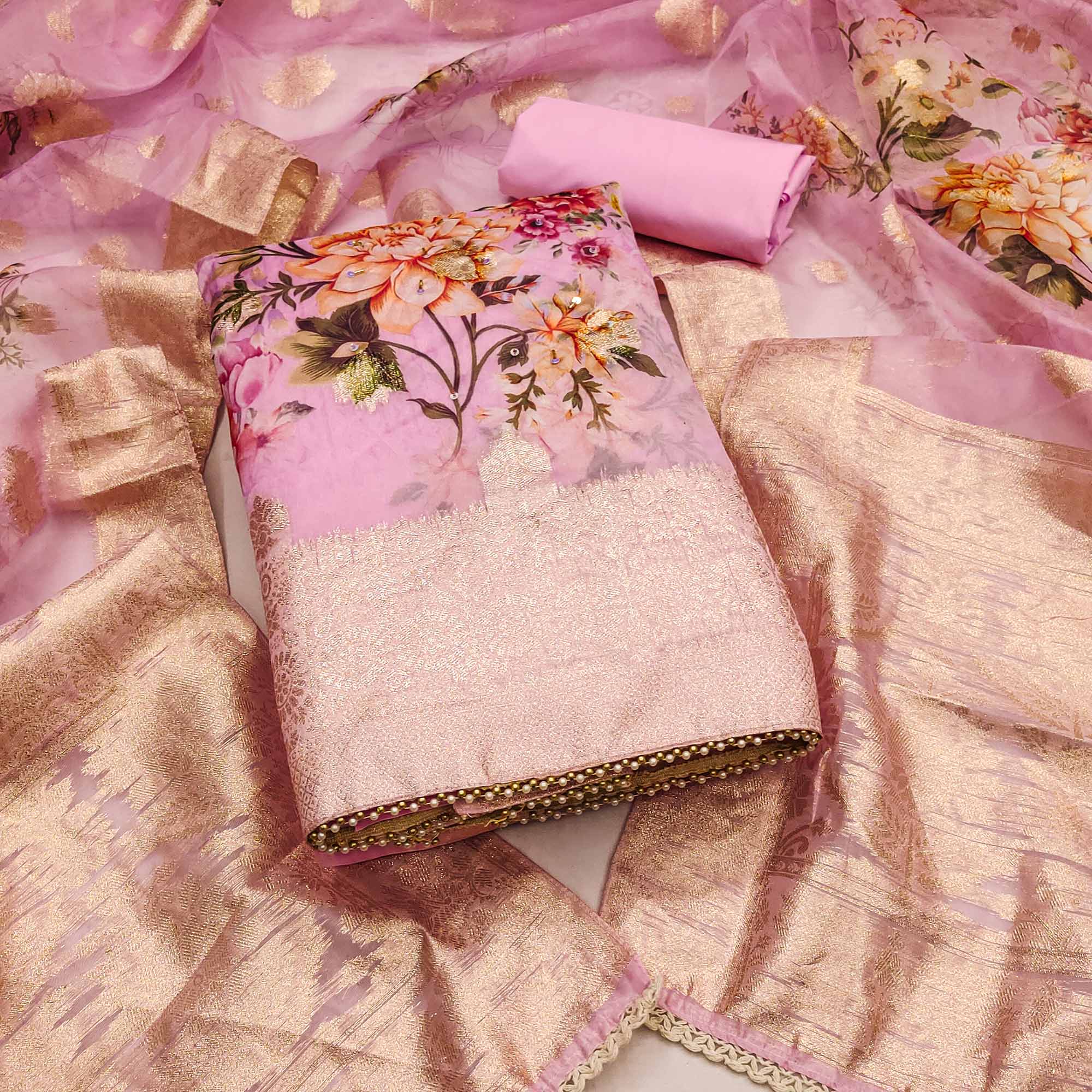 Pink Woven With Digital Printed Organza Dress Material
