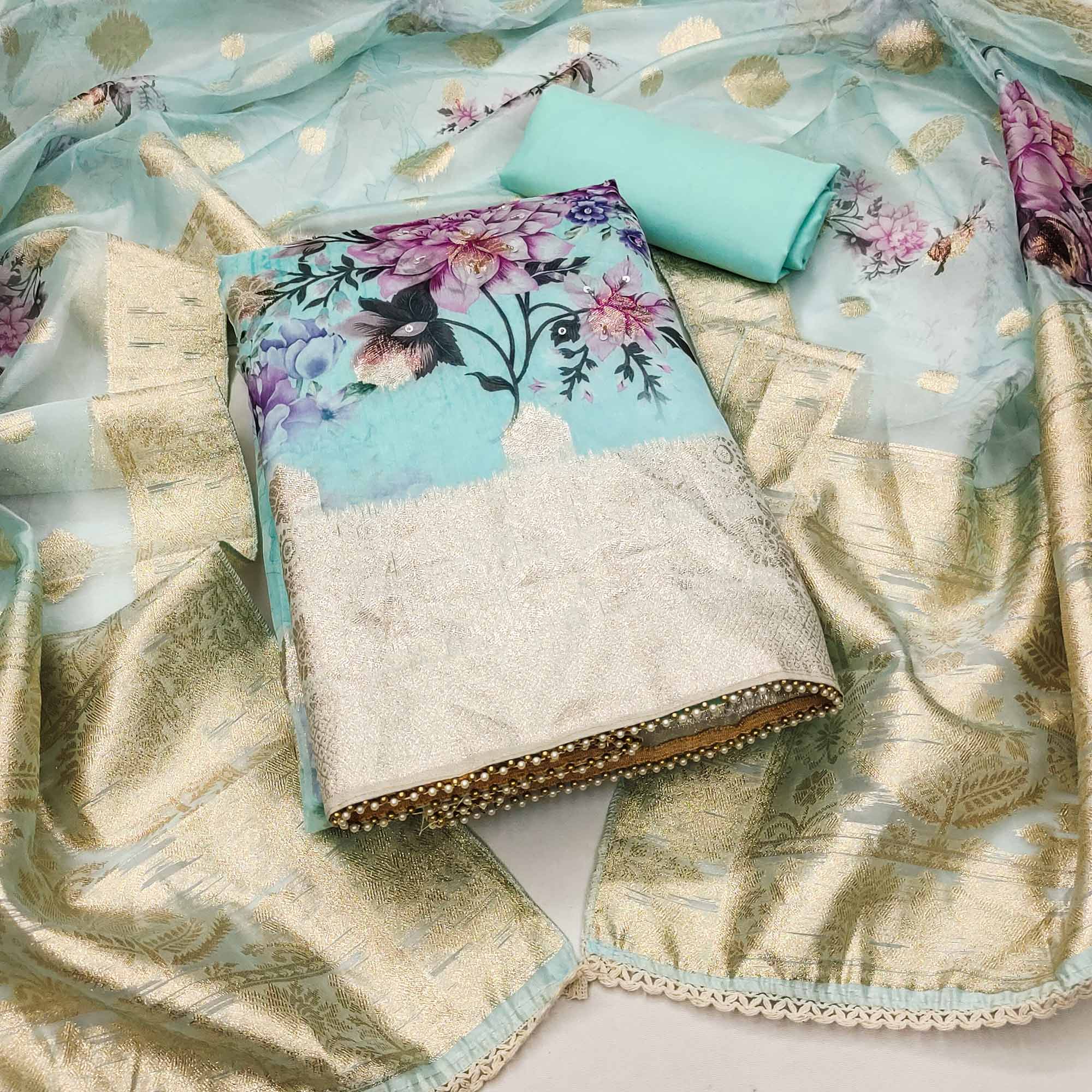 Turquoise Woven With Digital Printed Organza Dress Material