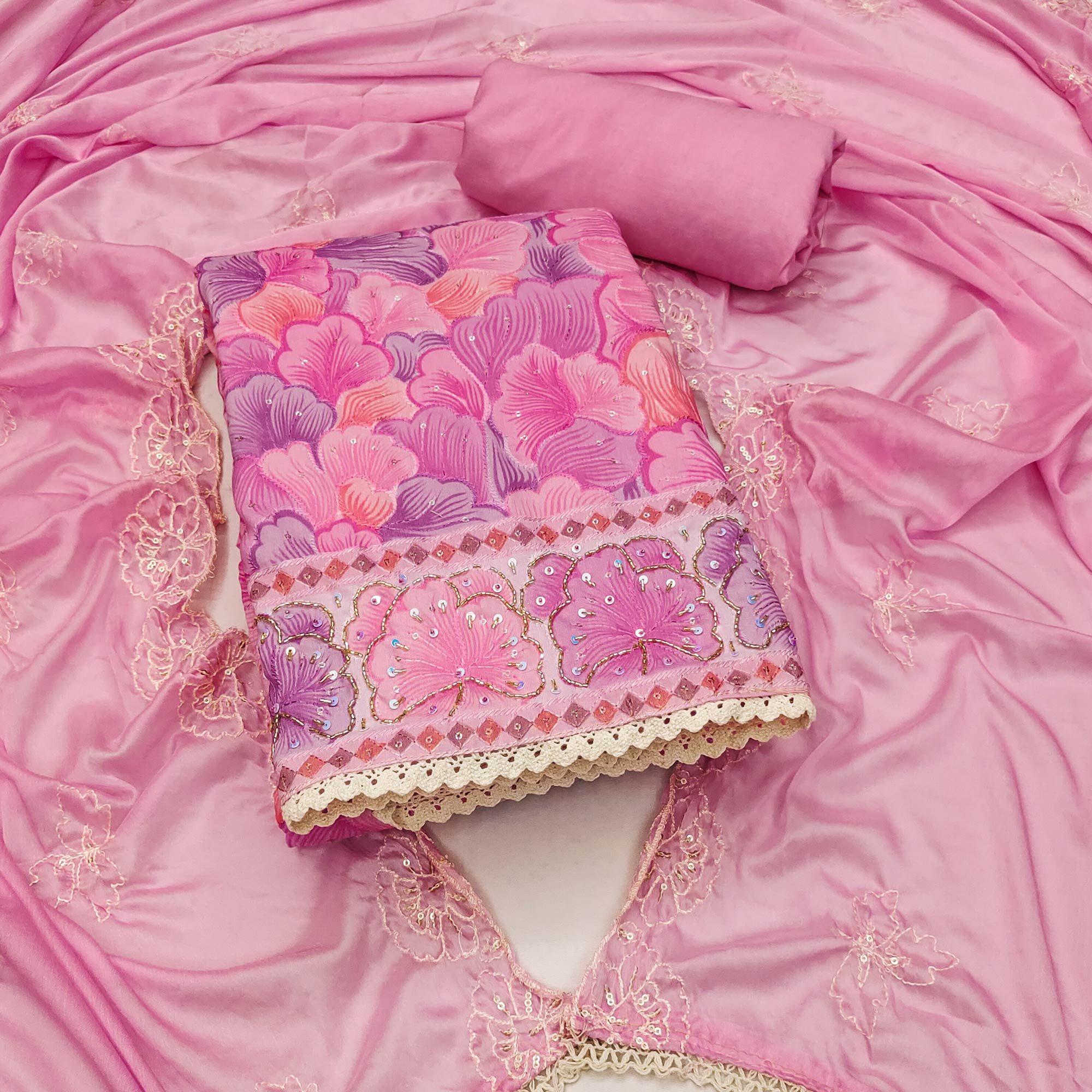 Pink Floral Embroidery With Printed Muslin Dress Material