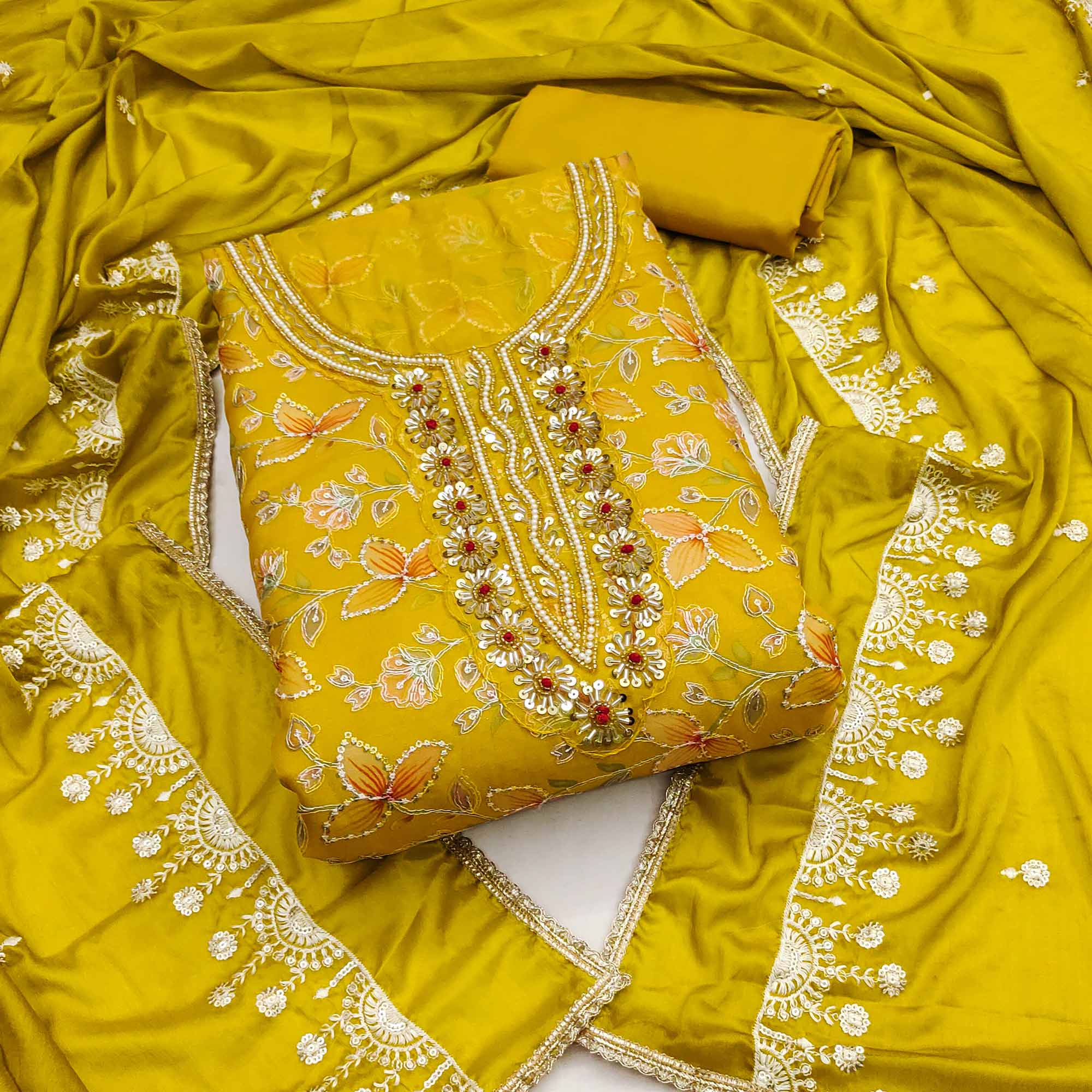 Mustard Floral Hand Embroidered Organza Dress Material