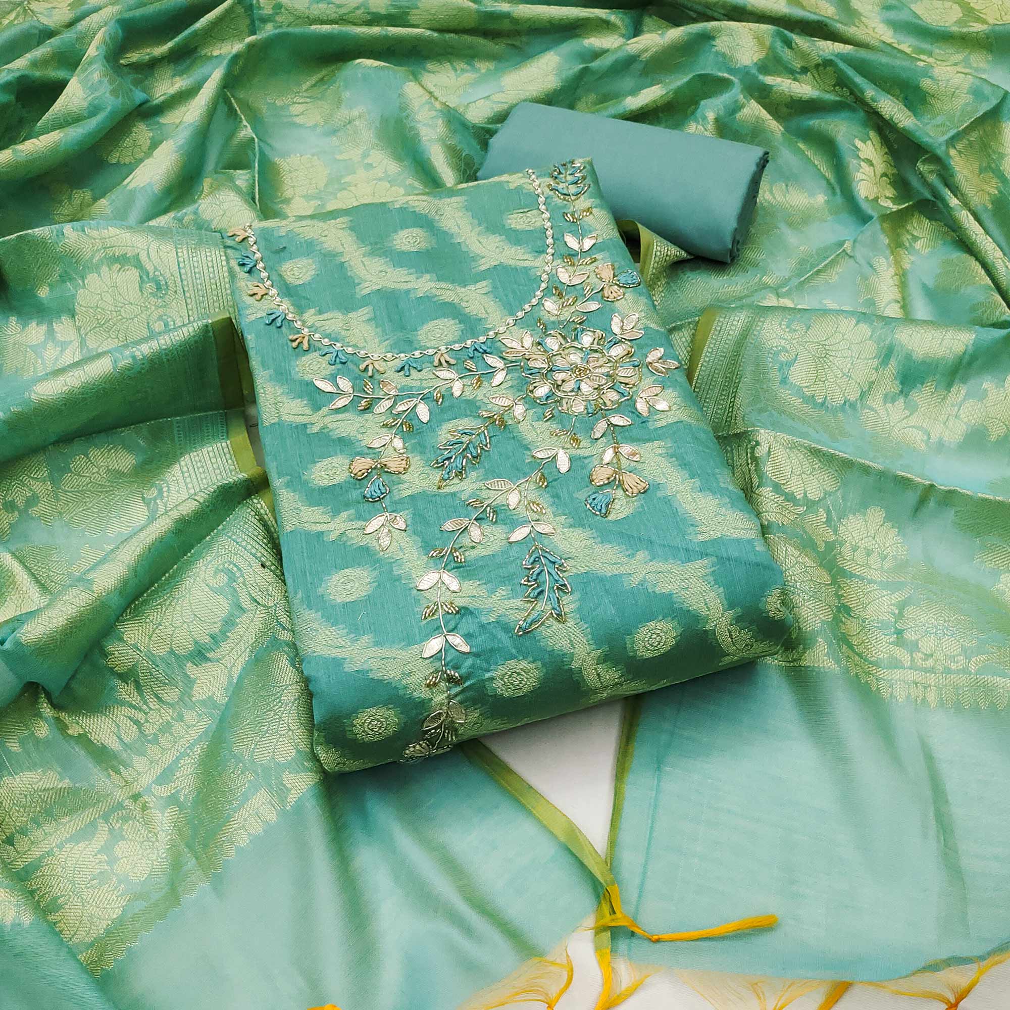 Turquoise Woven With Hand Embroidered Chanderi Silk Dress Material