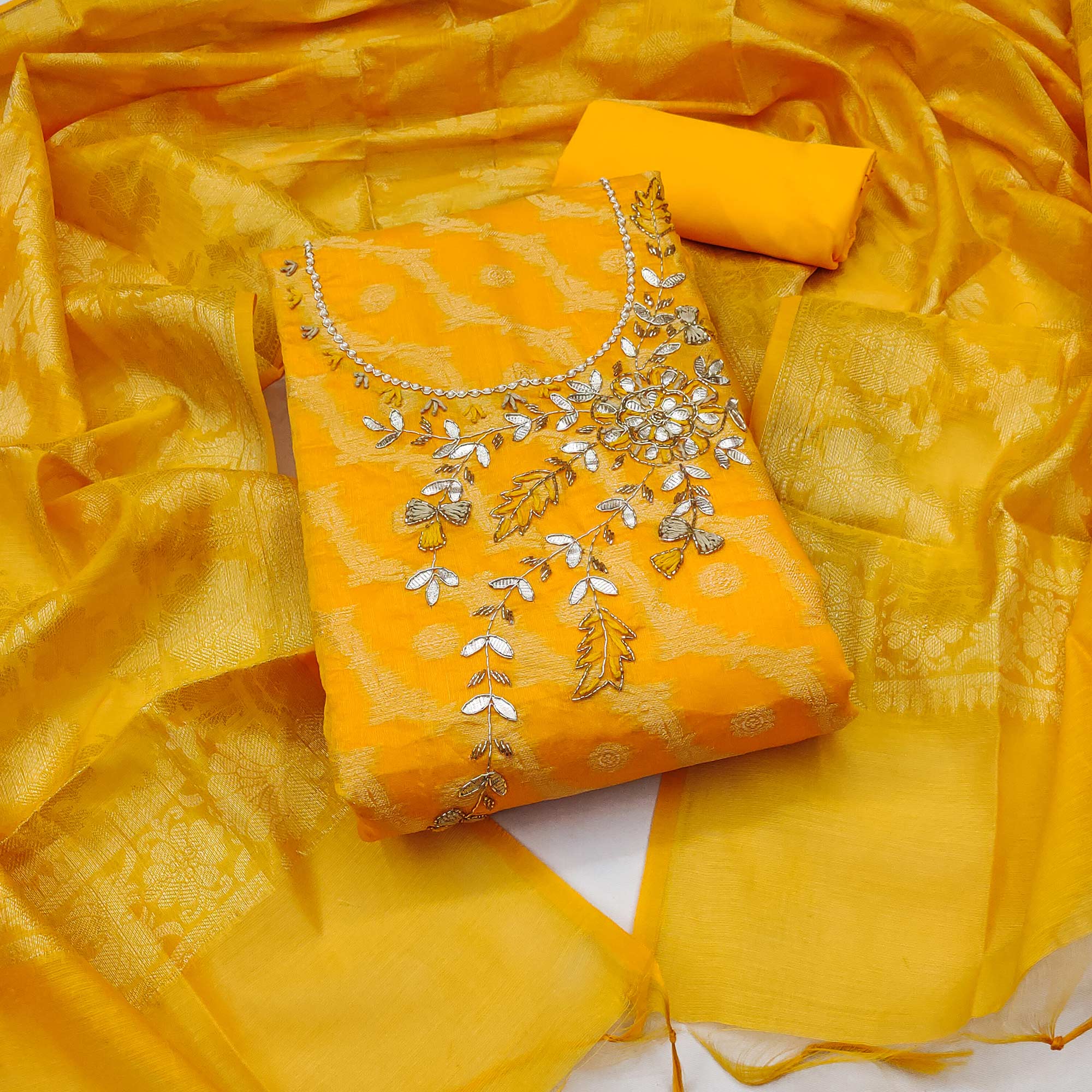 Yellow Woven With Hand Embroidered Chanderi Silk Dress Material