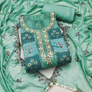 Turquoise Floral Hand Embroidered Muslin Dress Material