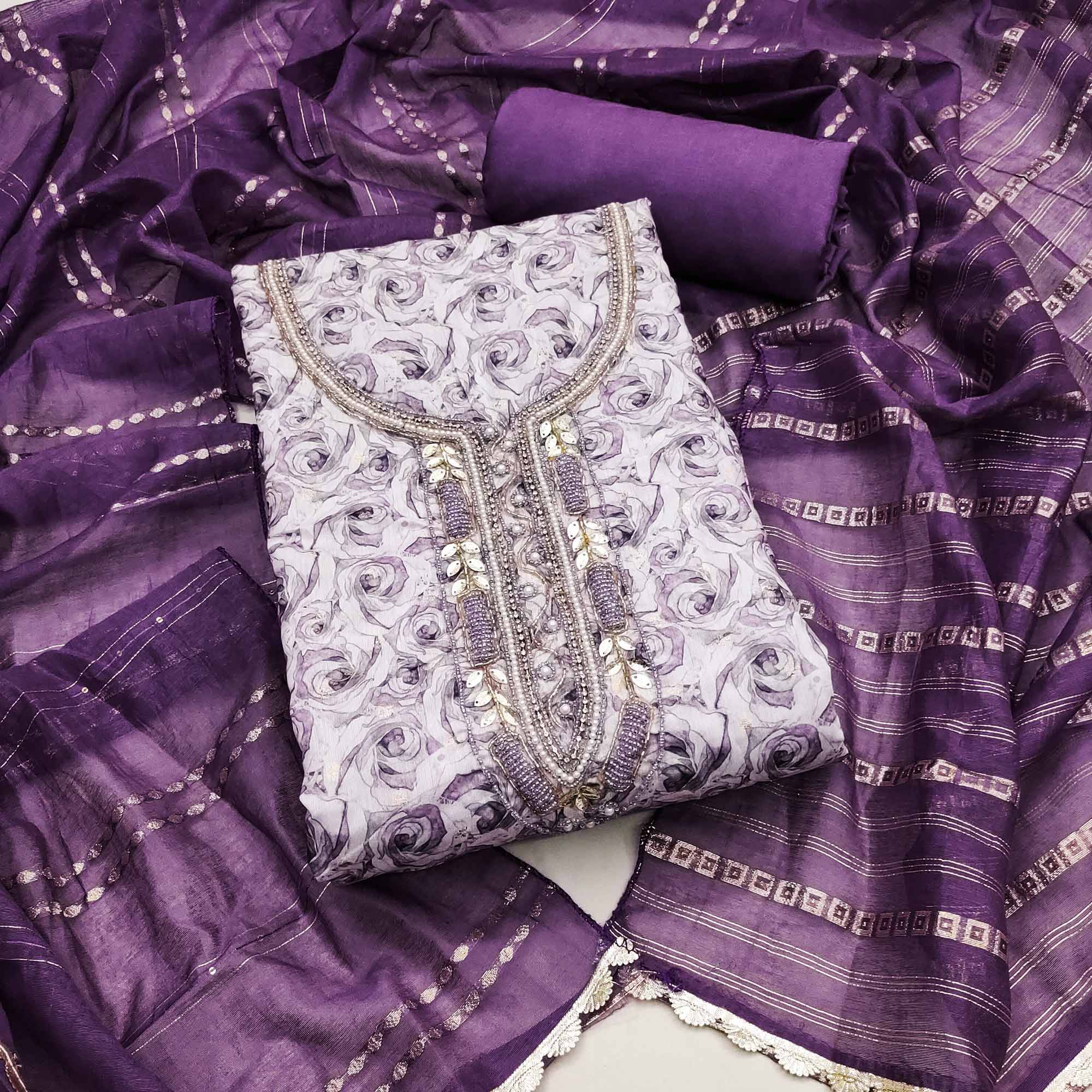 Purple Digital Printed With Hand Embroidered Muslin Dress Material