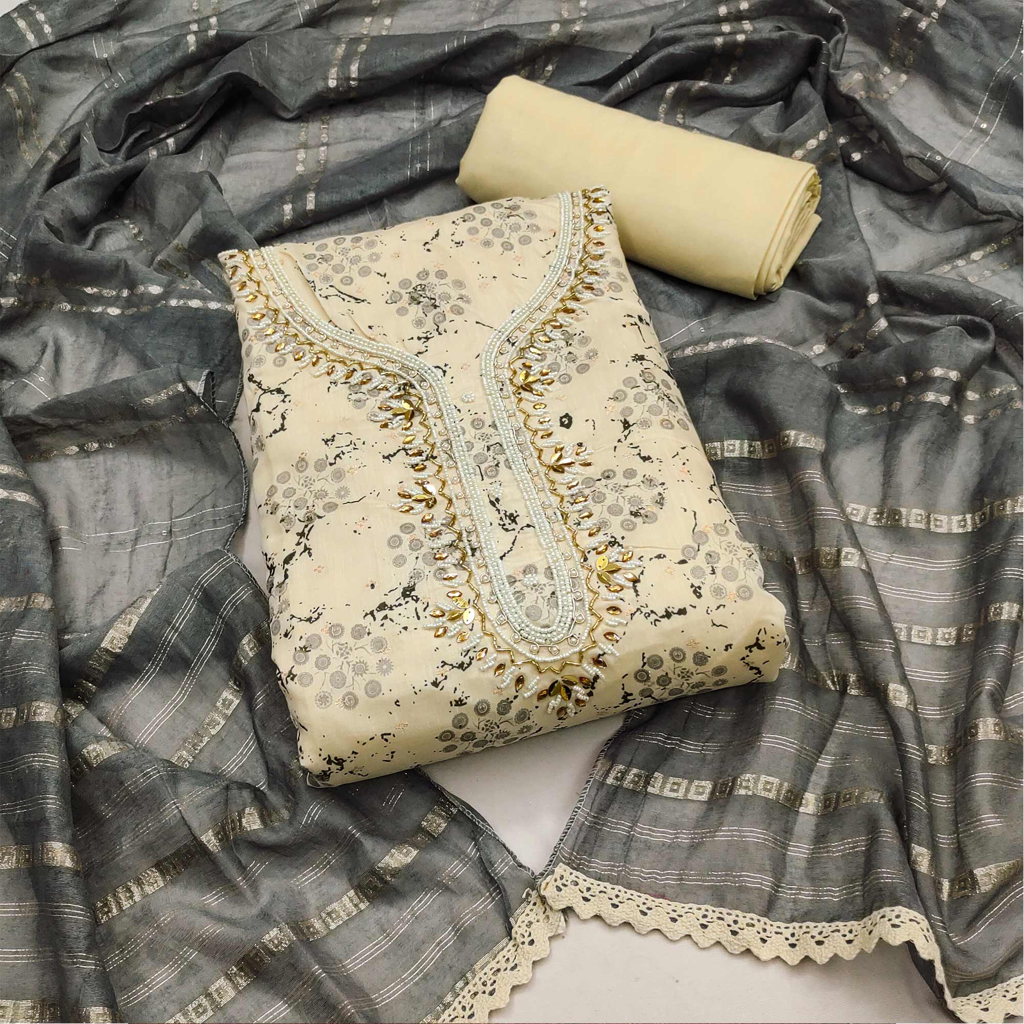 Cream & Dark Grey Digital Printed With Hand Embroidered Muslin Dress Material
