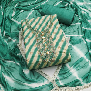 Green Printed With Hand Embroidered Pure Cotton Dress Material