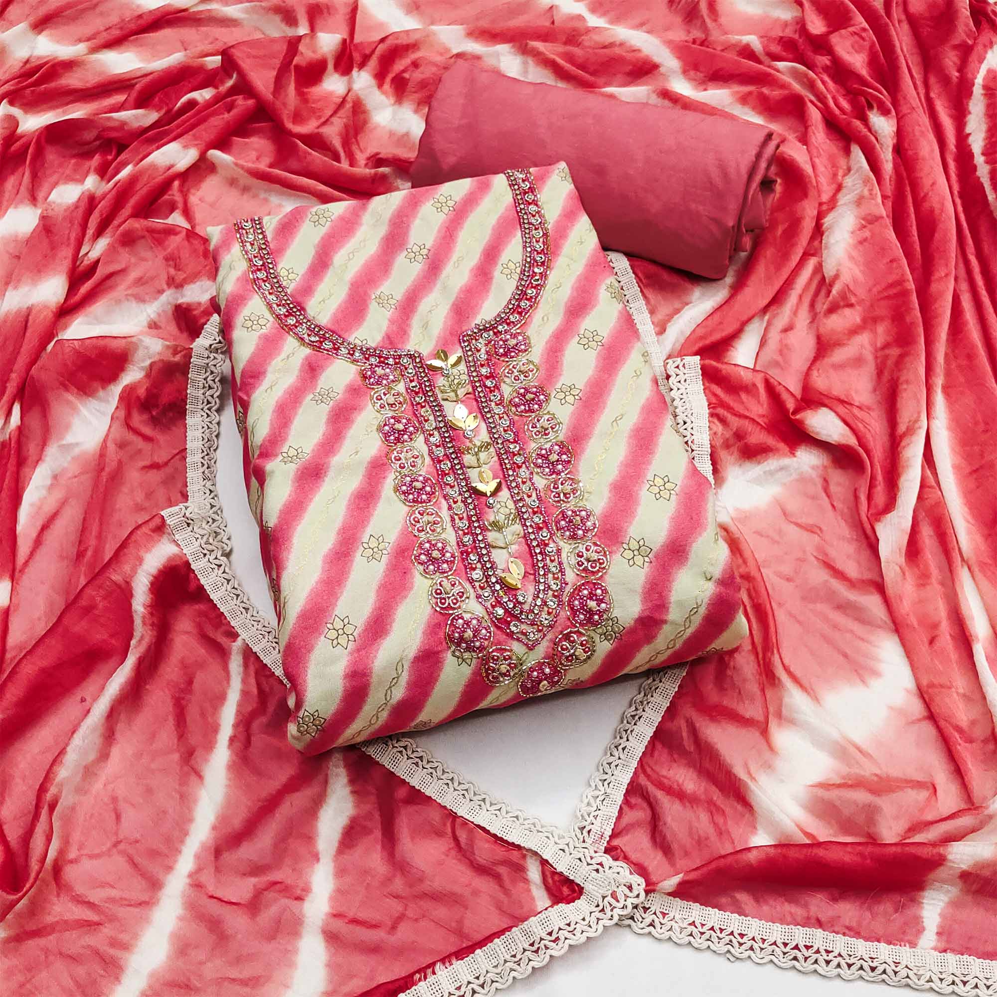 Pink Printed With Hand Embroidered Pure Cotton Dress Material
