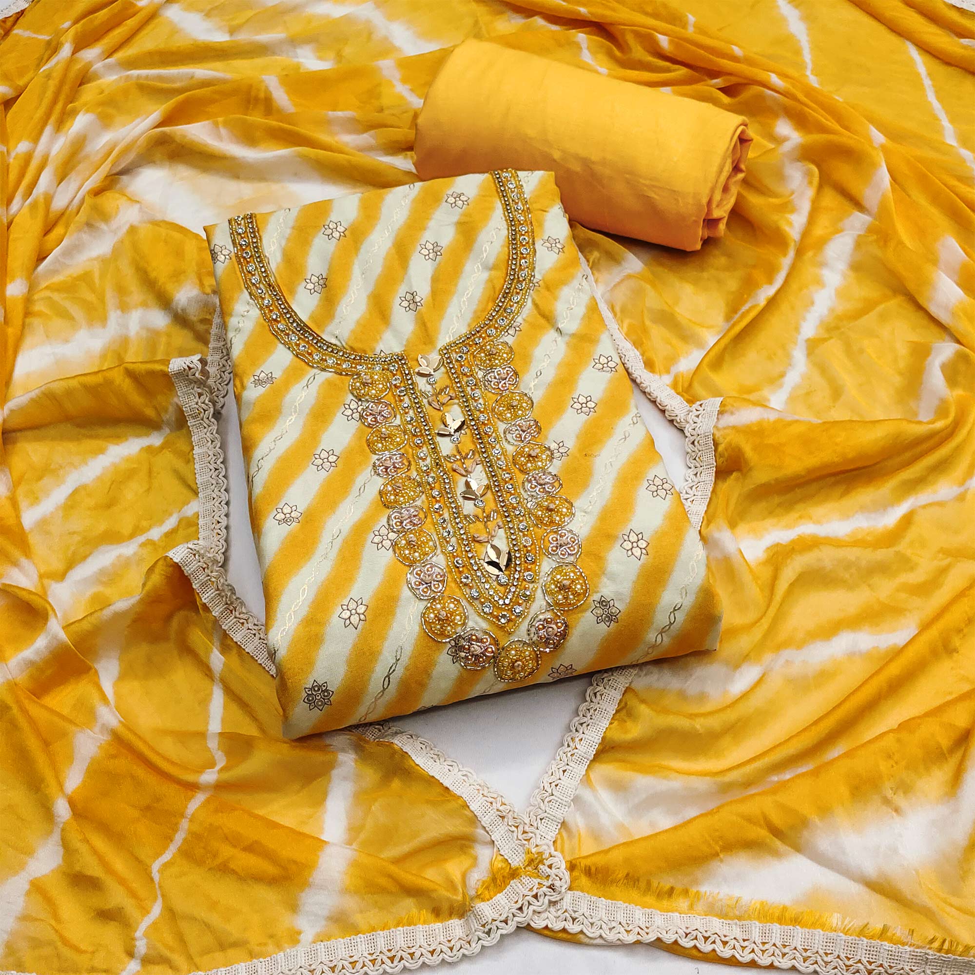 Yellow Printed With Hand Embroidered Pure Cotton Dress Material