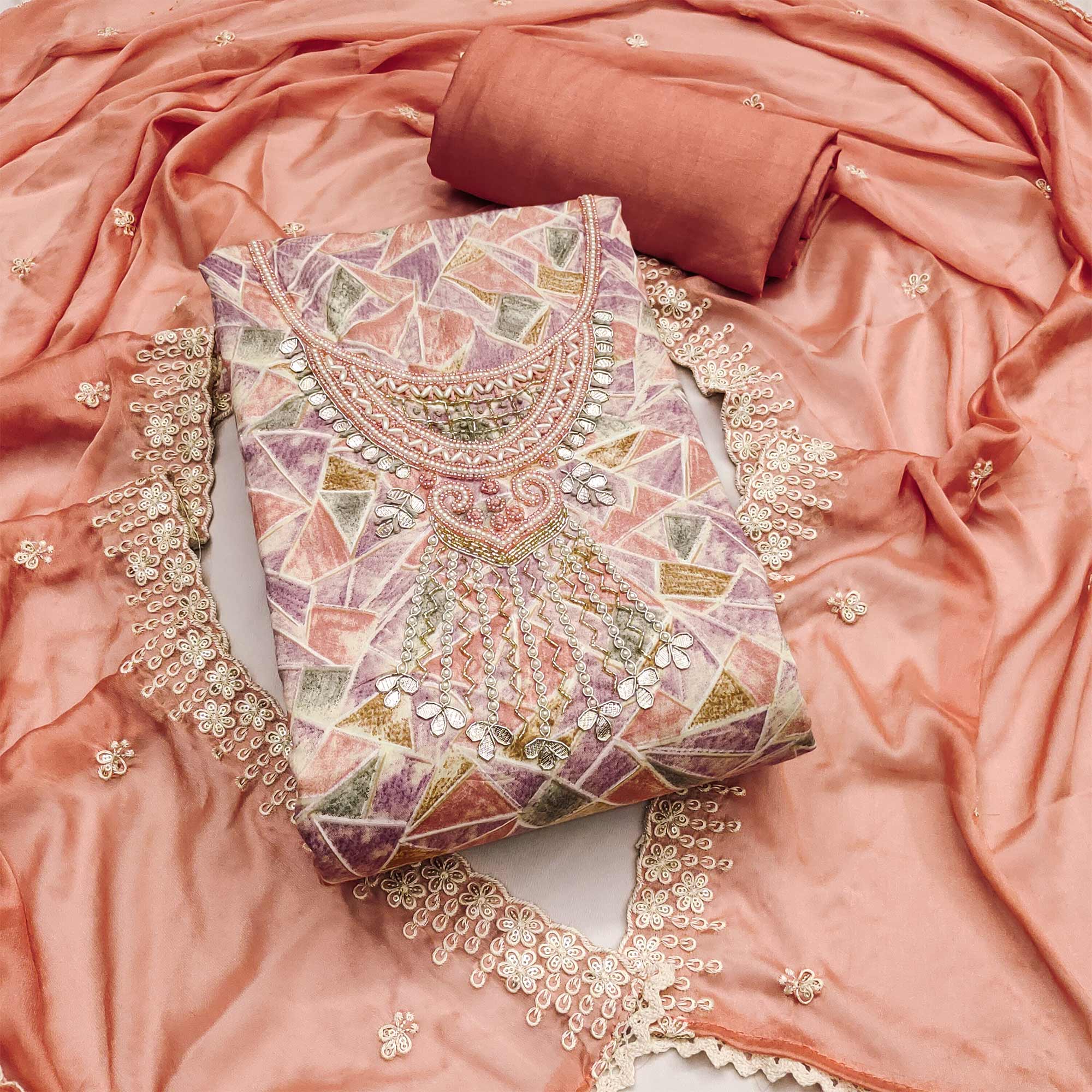 Peach Geometric Printed With Handwork Pure Cotton Dress Material