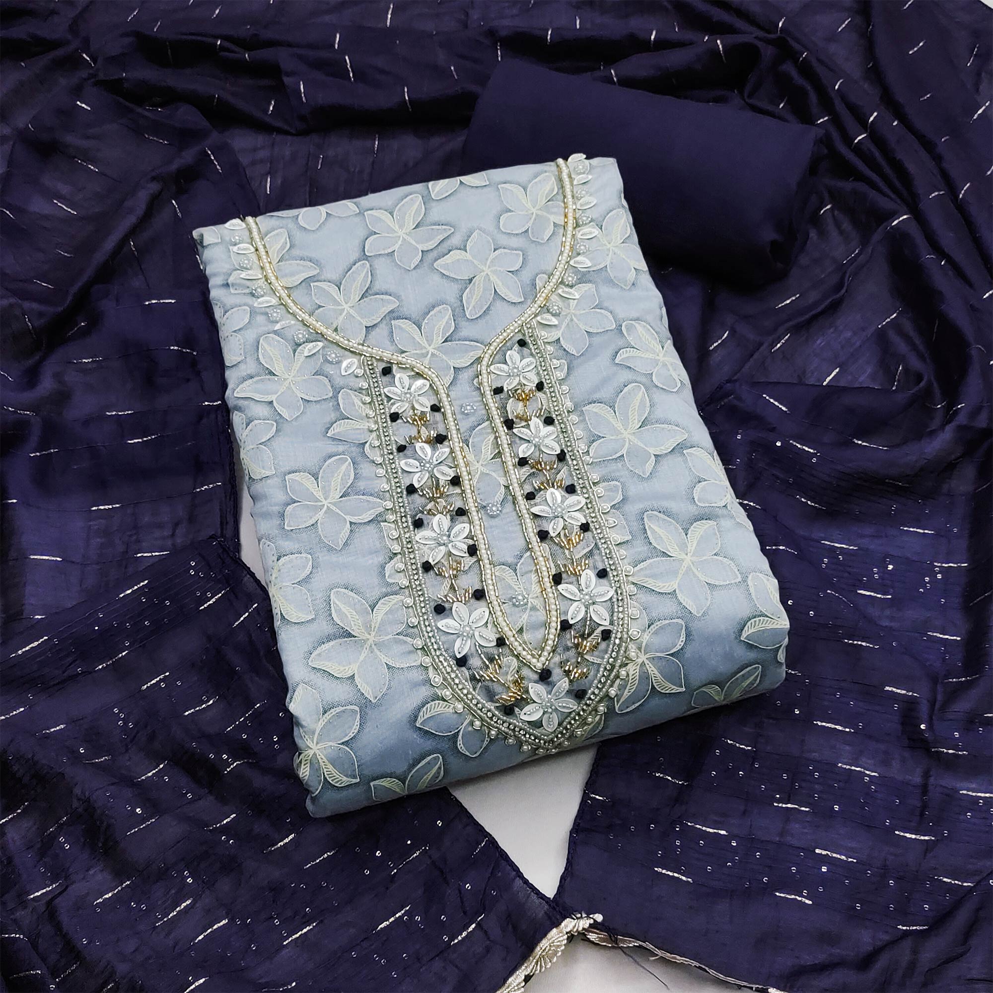 Blue Floral Printed With Hand Embroidery Chanderi Dress Material