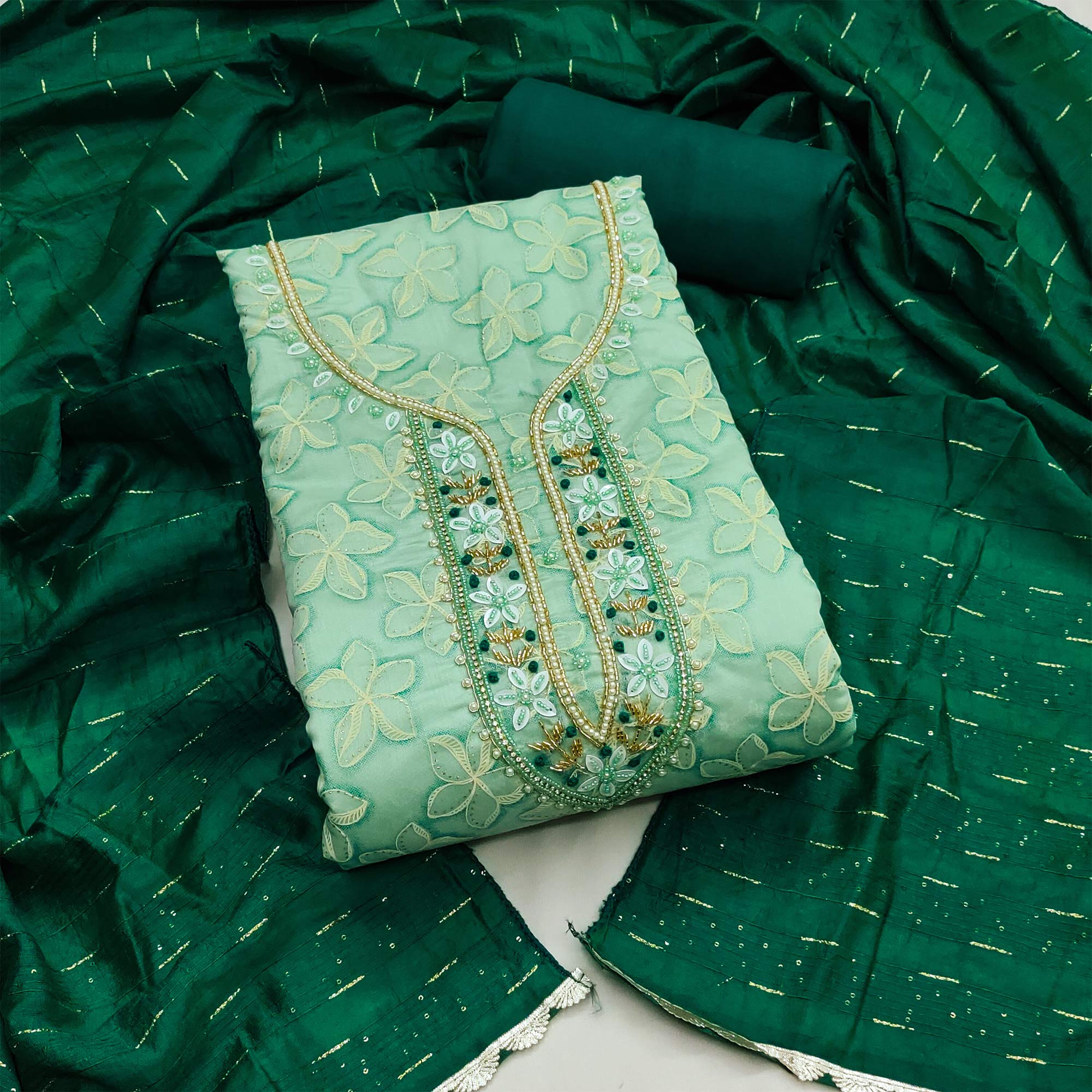 Green Floral Printed With Hand Embroidery Chanderi Dress Material