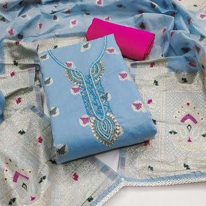 Blue Woven With Handwork Muslin Dress Material