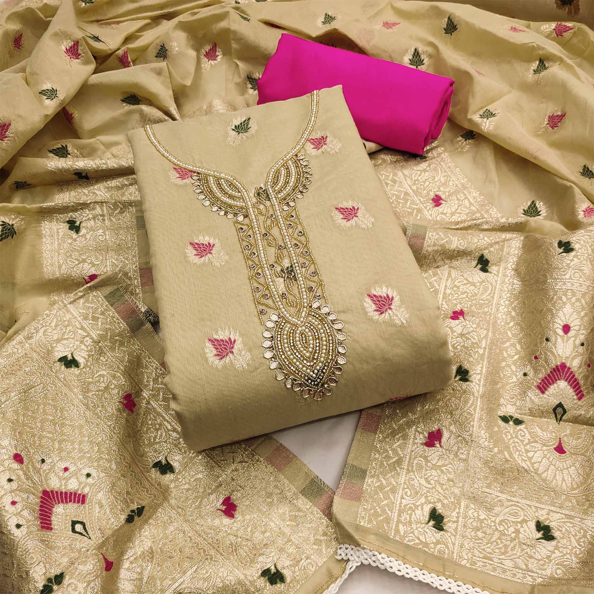 Chikoo Woven With Handwork Muslin Dress Material